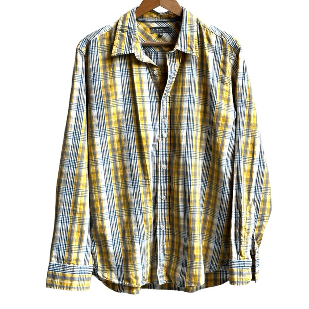 Fossil Men’s Button Down Casual Yellow and Blue Plaid Shirt Size Large N…